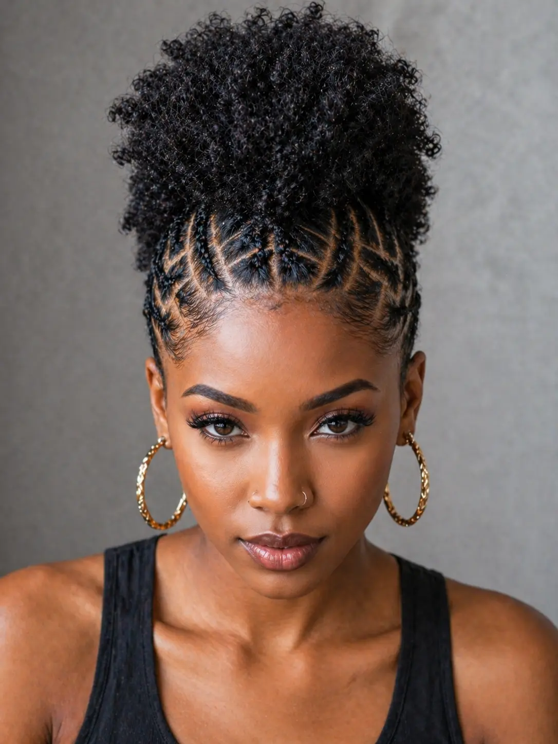braided mohawk natural hair, cornrow sides, natural puff