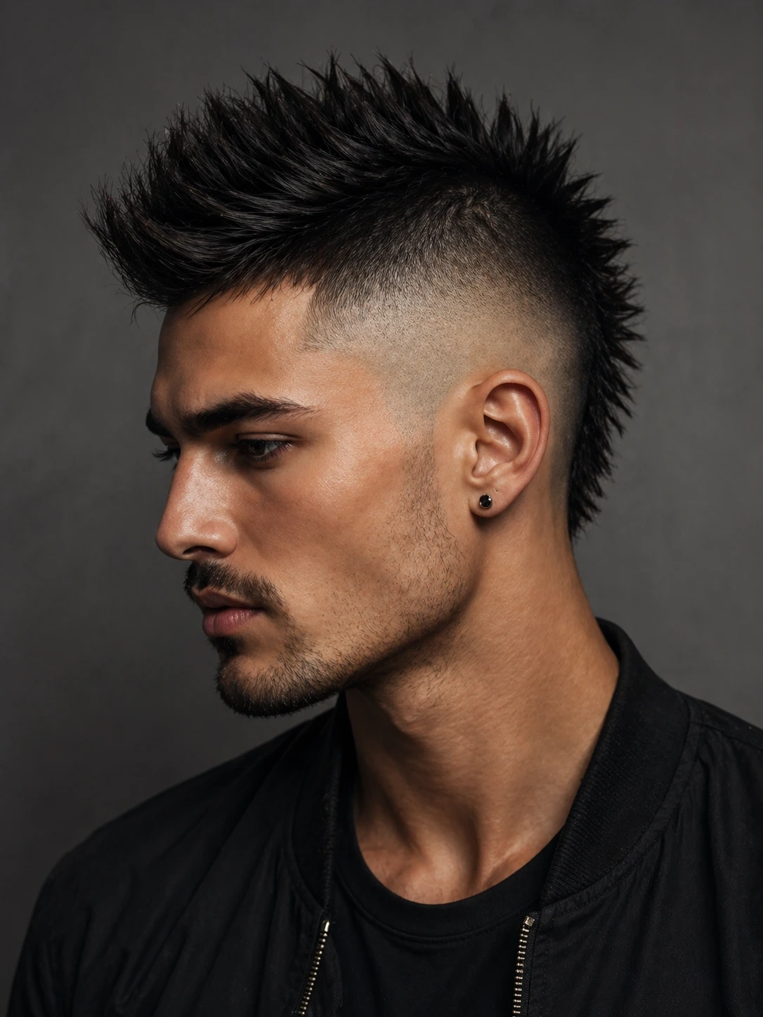 Man with a clean mid-fade mohawk, dark hair, side view showing the fade gradient from skin to strip